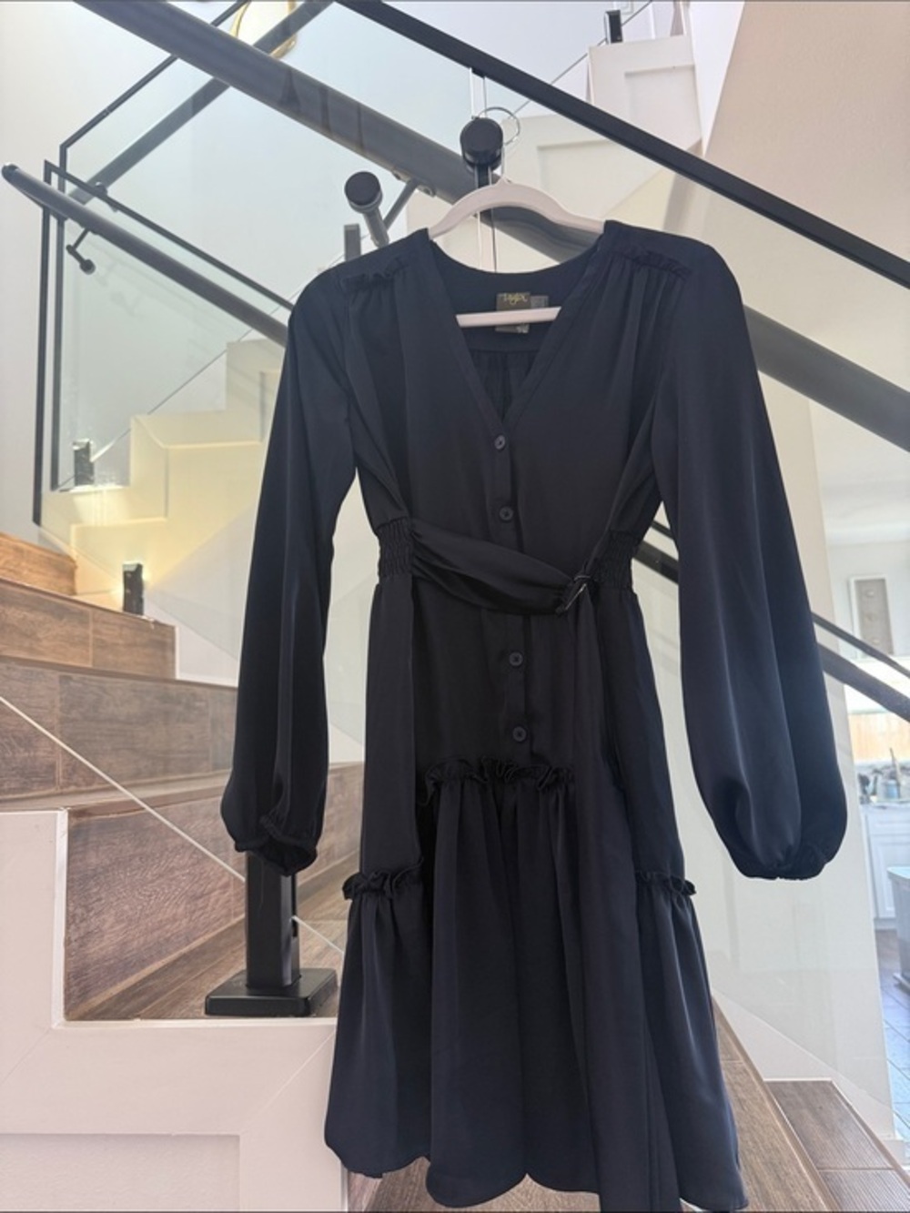 Taylor Dark Blue Long-Sleeve V-Neck Tiered Dress